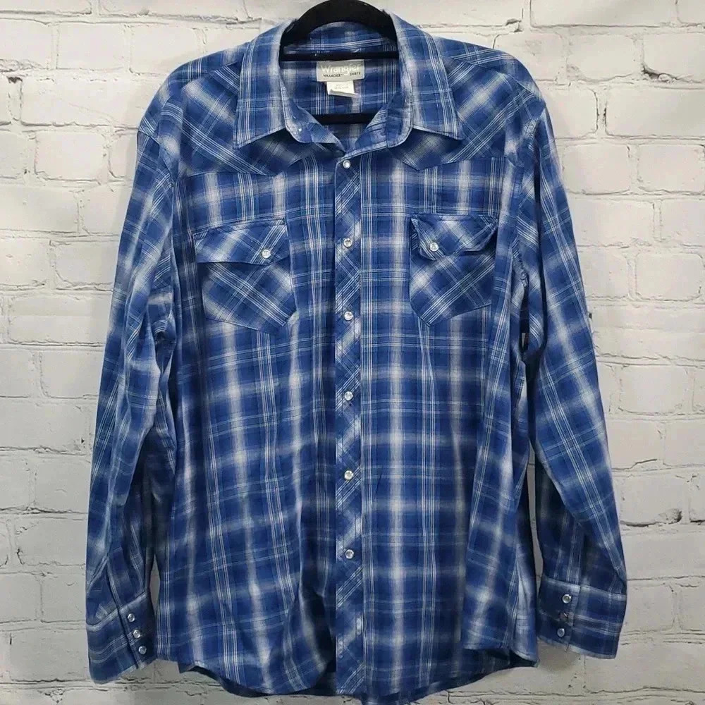 Wrangler Wrancher Pearl Snap Large Blue Plaid Shirt Western Cowboy Cotton Blend - Picture 1 of 11